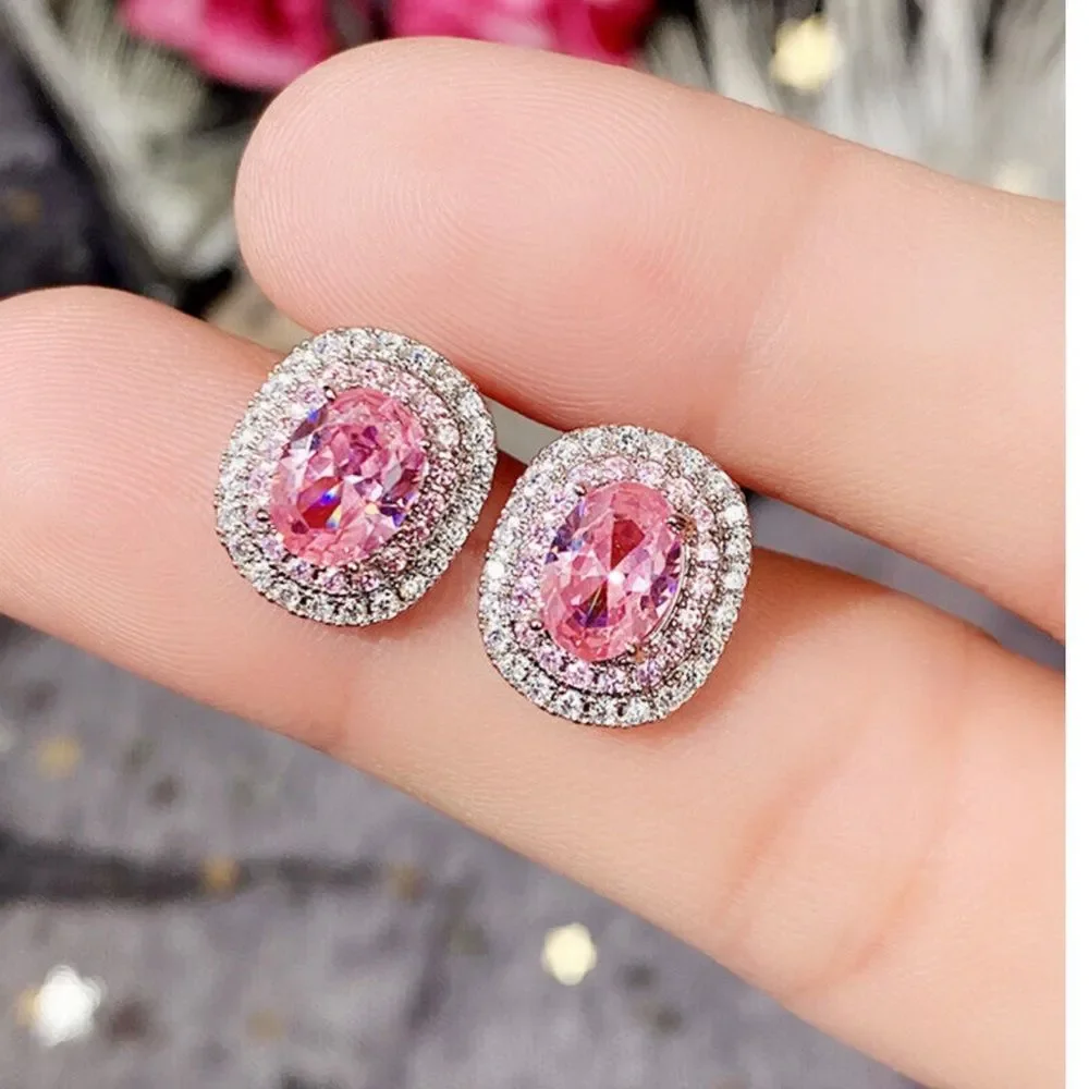 Pink Oval CZ Halo Stud Earrings Silver Tone Glam Statement Earrings